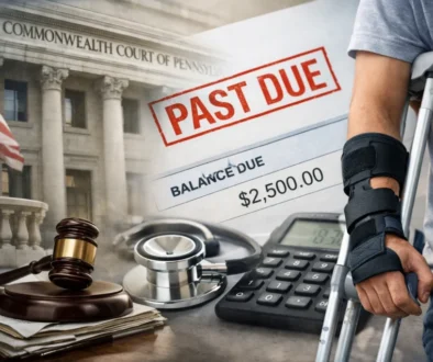 Composite image showing the Pennsylvania Commonwealth Court building, a medical bill stamped “PAST DUE” with a balance due amount, a judge’s gavel, and an injured worker using crutches, representing a court ruling allowing penalty petitions for unpaid workers’ compensation medical bills.