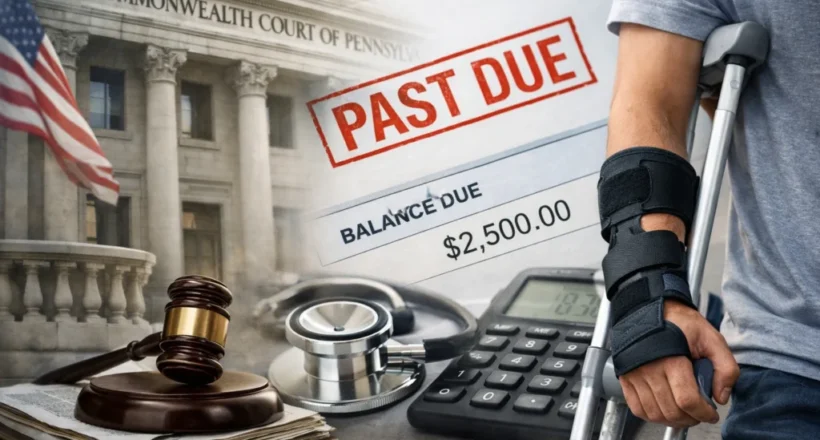 Composite image showing the Pennsylvania Commonwealth Court building, a medical bill stamped “PAST DUE” with a balance due amount, a judge’s gavel, and an injured worker using crutches, representing a court ruling allowing penalty petitions for unpaid workers’ compensation medical bills.