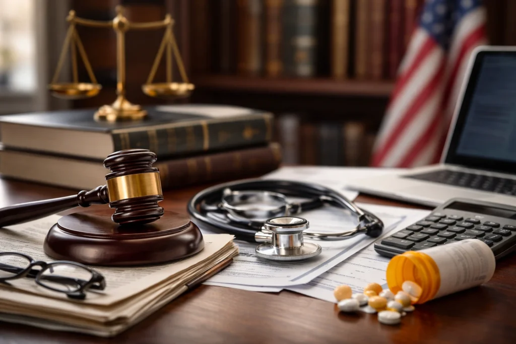 Judge’s gavel and legal paperwork beside a stethoscope, medication bottle, and calculator illustrating a workers’ compensation dispute over unpaid medical bills.