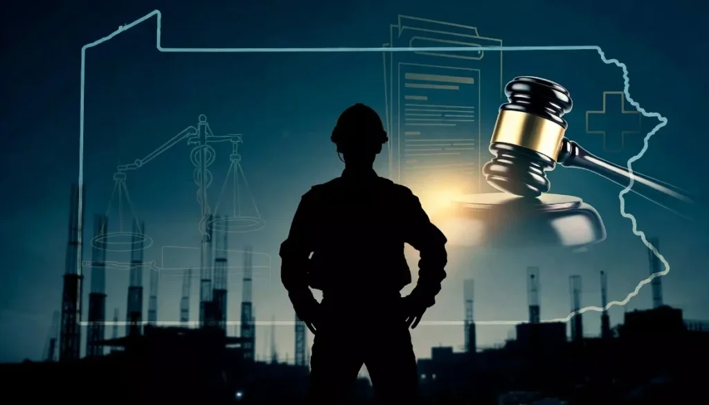 Silueta de un obrero de la construcción en una zona industrial con el contorno de Pensilvania, un mazo y símbolos médicos que representan un acuerdo satisfactorio de 7 millones de dólares por una indemnización por accidente laboral grave en Pensilvania