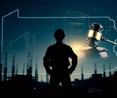 Construction worker silhouette at industrial site with Pennsylvania outline, gavel, and medical symbols representing a successful $7 million catastrophic workers' compensation settlement in Pennsylvania