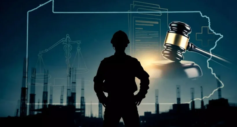 Construction worker silhouette at industrial site with Pennsylvania outline, gavel, and medical symbols representing a successful million catastrophic workers' compensation settlement in Pennsylvania