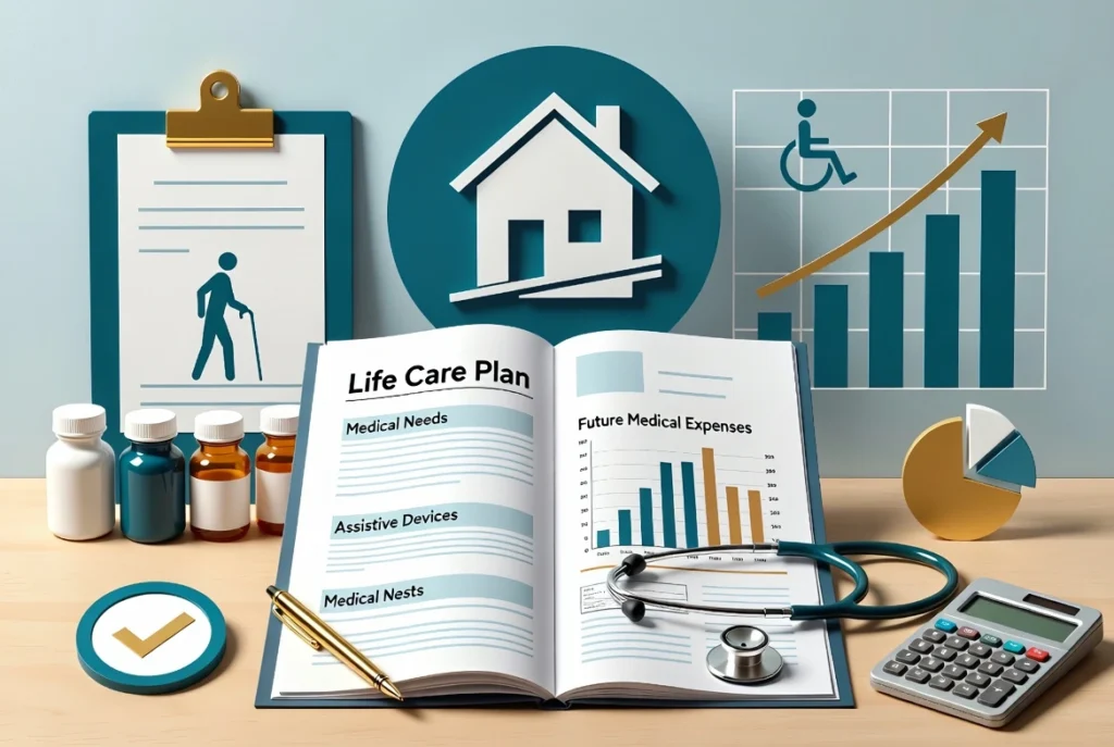 Life Care Plan for Catastrophic Pennsylvania Workers’ Compensation Case - McMenamin & Wing - Workers' Comp Lawyers Documento sobre un plan de cuidados de por vida elaborado por expertos médicos y con gráficos financieros que ilustran las necesidades de cuidados a lo largo de toda la vida en el marco de un acuerdo por lesiones laborales graves en Pensilvania