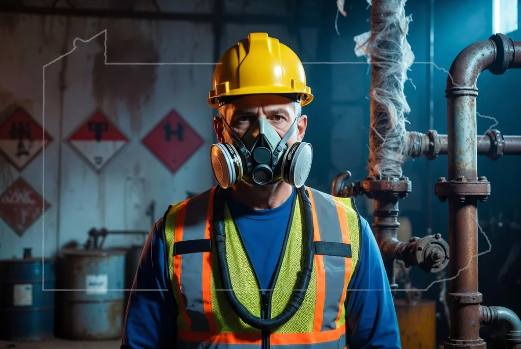 Industrial worker in hard hat and respirator standing in a hazardous Pennsylvania worksite with asbestos pipes, chemical barrels, and safety warning signs, illustrating risks of toxic exposure leading to occupational cancer