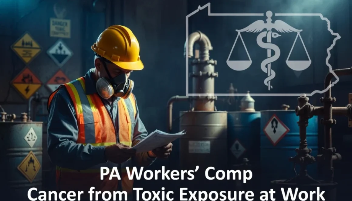 Featured image of a Pennsylvania industrial worker in hard hat and respirator reviewing documents in a hazardous worksite. Text overlay reads: 'PA Workers’ Comp - Cancer from Toxic Exposure at Work'.