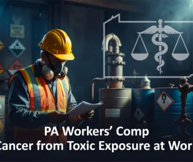 Featured image of a Pennsylvania industrial worker in hard hat and respirator reviewing documents in a hazardous worksite. Text overlay reads: 'PA Workers’ Comp - Cancer from Toxic Exposure at Work'.