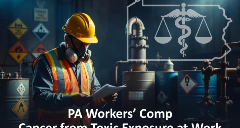 Featured image of a Pennsylvania industrial worker in hard hat and respirator reviewing documents in a hazardous worksite. Text overlay reads: 'PA Workers’ Comp - Cancer from Toxic Exposure at Work'.