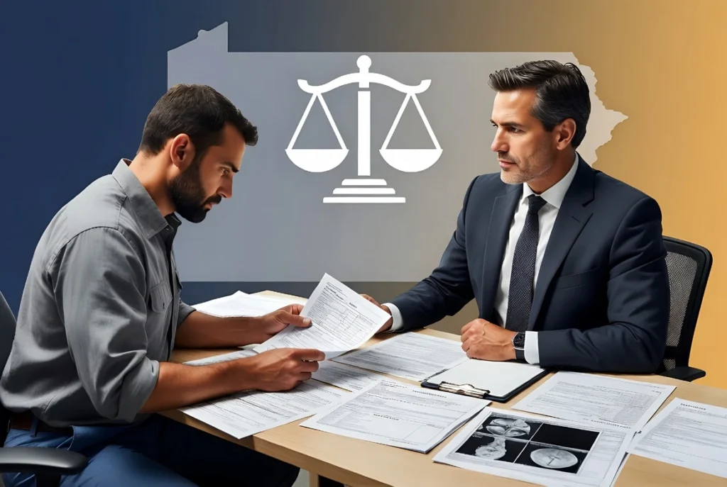 Worker reviewing medical records and work documents with a Pennsylvania workers’ compensation attorney during a consultation about an occupational cancer claim caused by toxic exposure at work