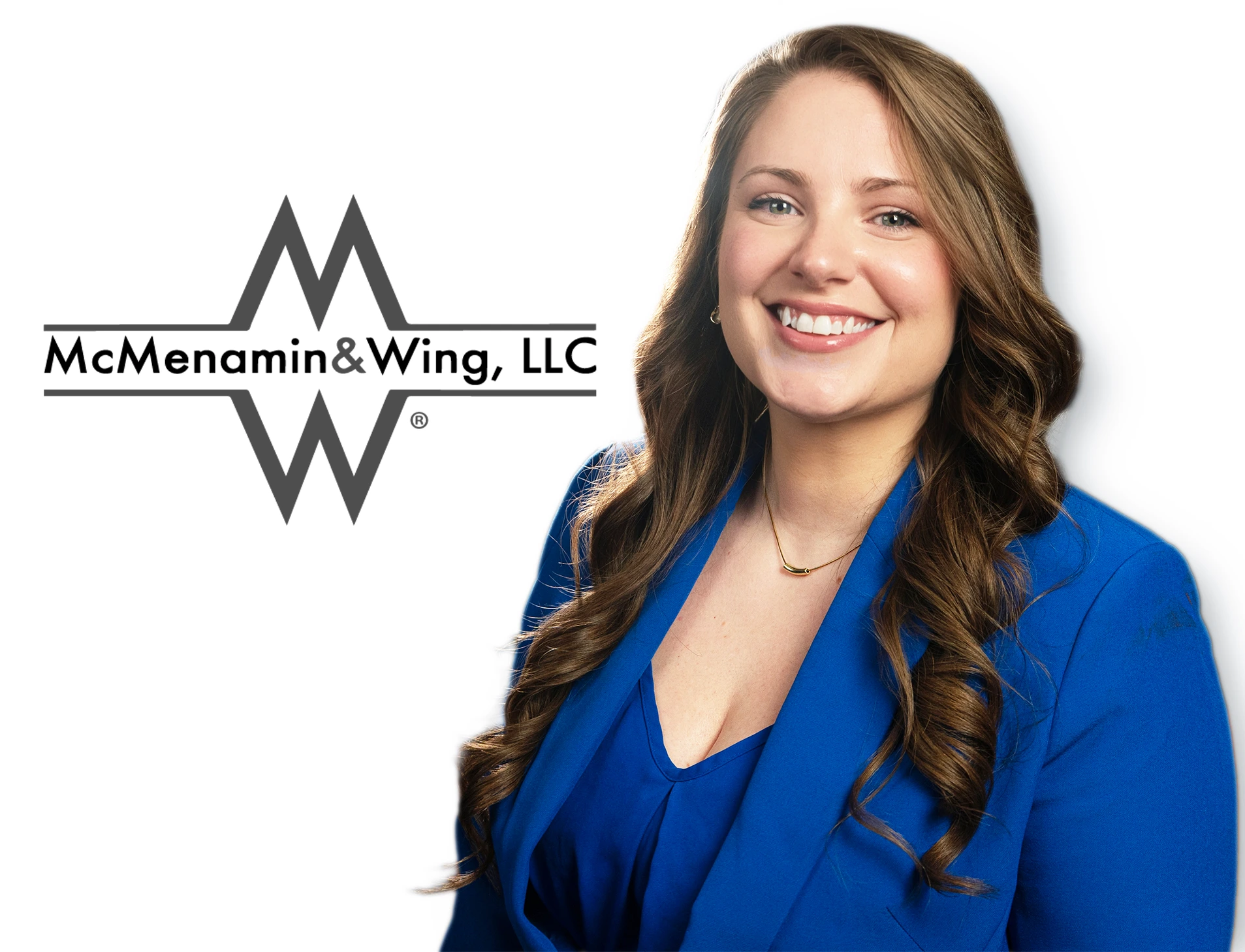 Headshot of Kile Marie Sherman, a smiling woman with long wavy brown hair wearing a royal-blue blazer and gold necklace, beside the McMenamin & Wing, LLC logo.