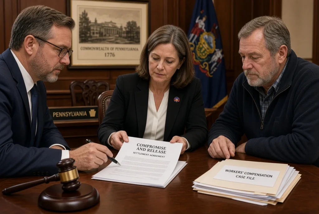 Two attorneys and a claimant seated at a conference table reviewing a Compromise and Release settlement agreement, with a gavel, Pennsylvania flag, and workers’ compensation case file nearby.