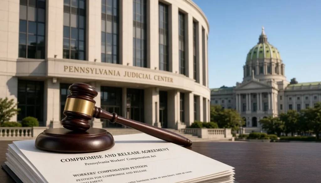 Wooden judge’s gavel resting on a Compromise and Release Agreement and workers’ compensation petition in front of the Pennsylvania Judicial Center in Harrisburg, with the State Capitol dome in the background.