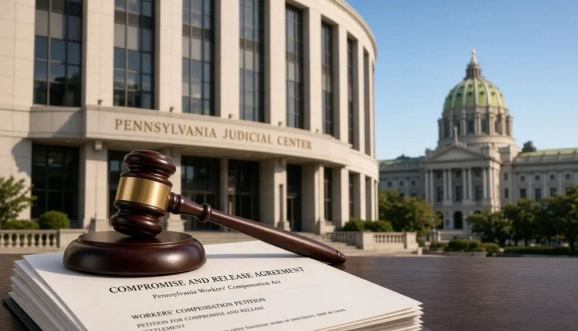 Wooden judge’s gavel resting on a Compromise and Release Agreement and workers’ compensation petition in front of the Pennsylvania Judicial Center in Harrisburg, with the State Capitol dome in the background.