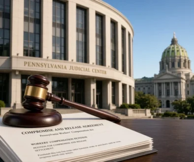 Wooden judge’s gavel resting on a Compromise and Release Agreement and workers’ compensation petition in front of the Pennsylvania Judicial Center in Harrisburg, with the State Capitol dome in the background.