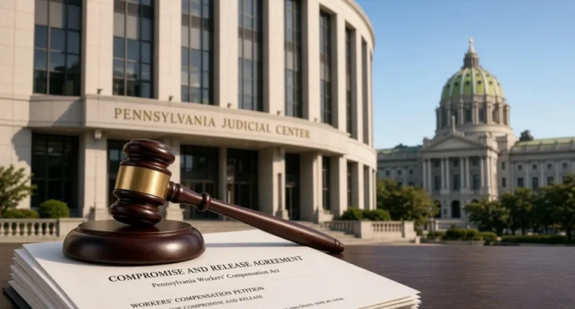 Wooden judge’s gavel resting on a Compromise and Release Agreement and workers’ compensation petition in front of the Pennsylvania Judicial Center in Harrisburg, with the State Capitol dome in the background.