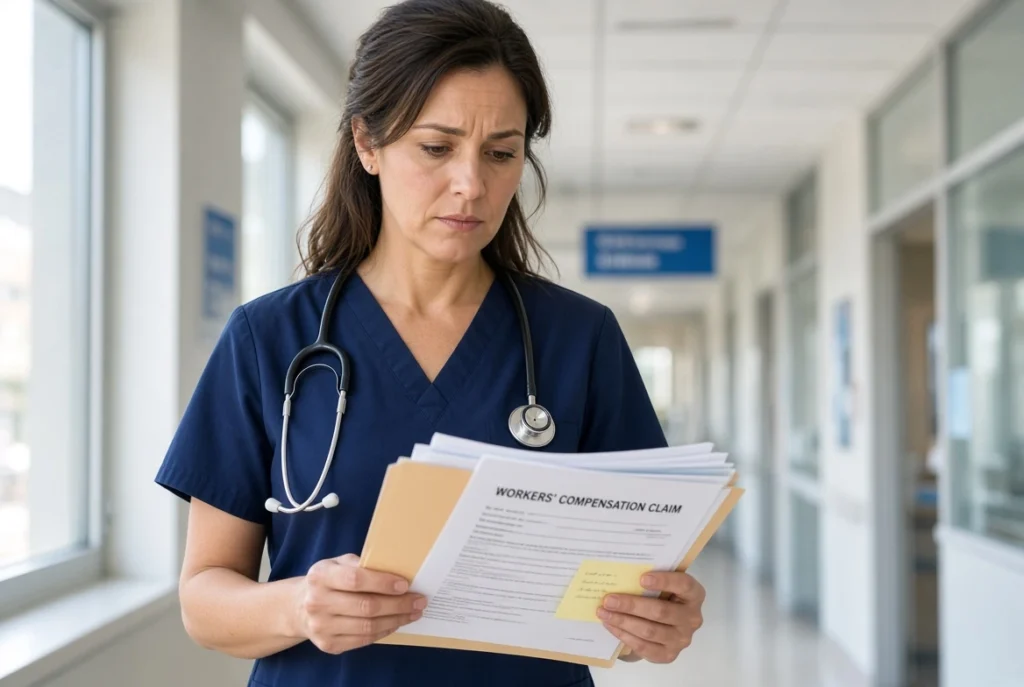 Female registered nurse in navy scrubs standing in a hospital corridor and reading a workers’ compensation claim folder and medical documents.