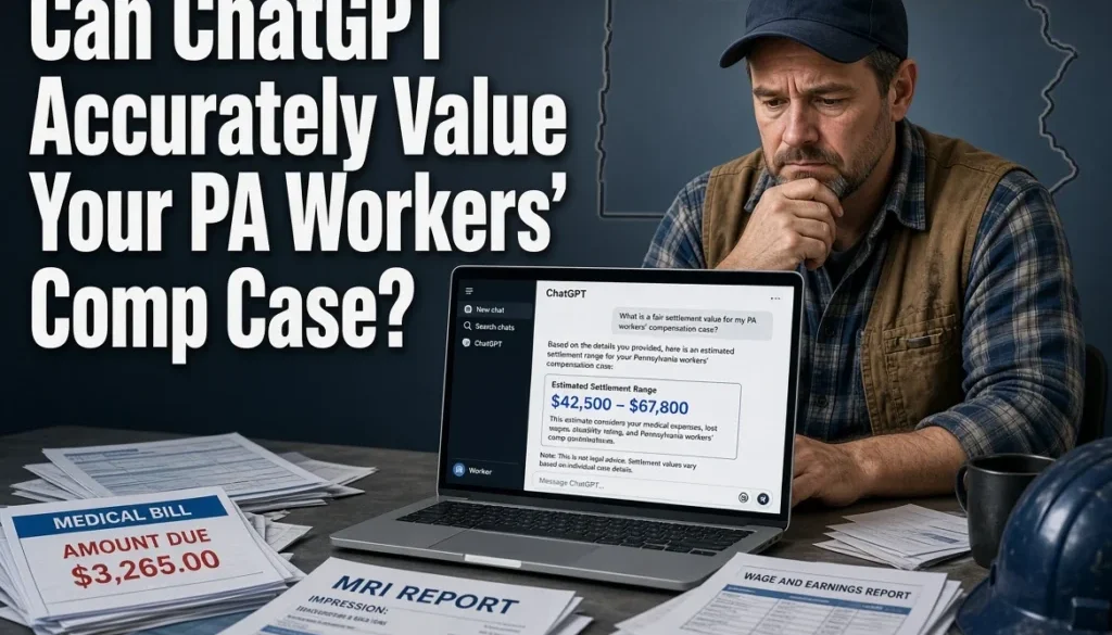 Concerned Pennsylvania construction worker reviewing a ChatGPT settlement estimate on a laptop next to medical bills and wage documents, highlighting risks of AI valuation for workers’ compensation claims.