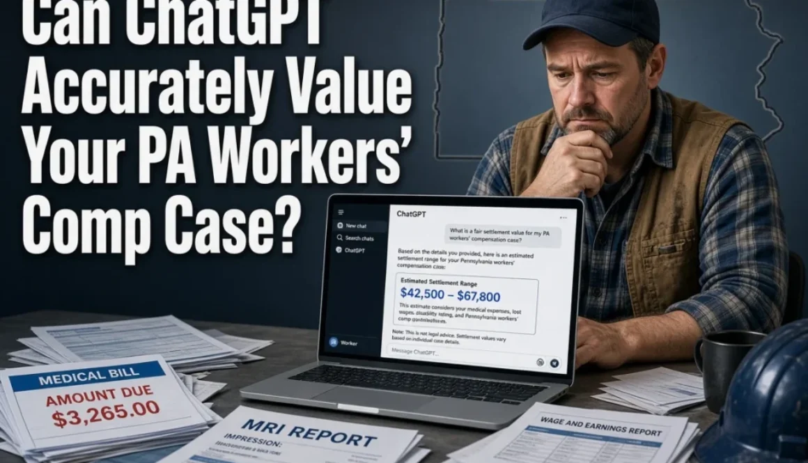 Concerned Pennsylvania construction worker reviewing a ChatGPT settlement estimate on a laptop next to medical bills and wage documents, highlighting risks of AI valuation for workers’ compensation claims.