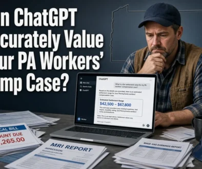Concerned Pennsylvania construction worker reviewing a ChatGPT settlement estimate on a laptop next to medical bills and wage documents, highlighting risks of AI valuation for workers’ compensation claims.