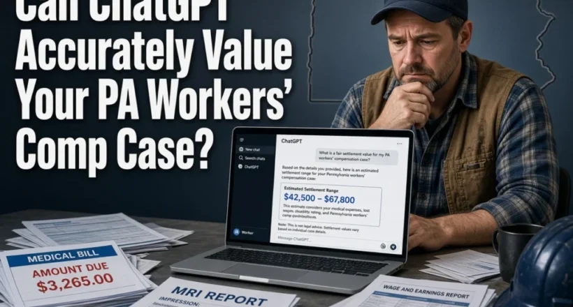 Concerned Pennsylvania construction worker reviewing a ChatGPT settlement estimate on a laptop next to medical bills and wage documents, highlighting risks of AI valuation for workers’ compensation claims.