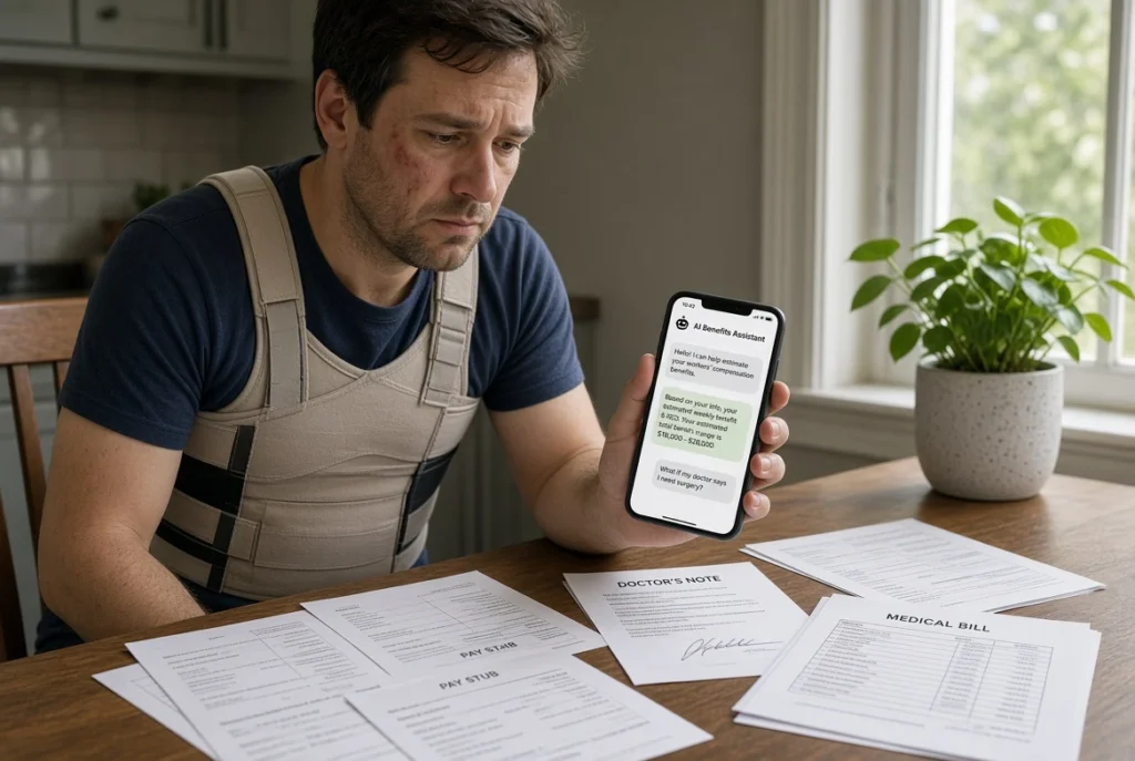 Injured worker with a back injury examining a ChatGPT workers’ compensation settlement estimate on a phone beside medical records and wage stubs.
