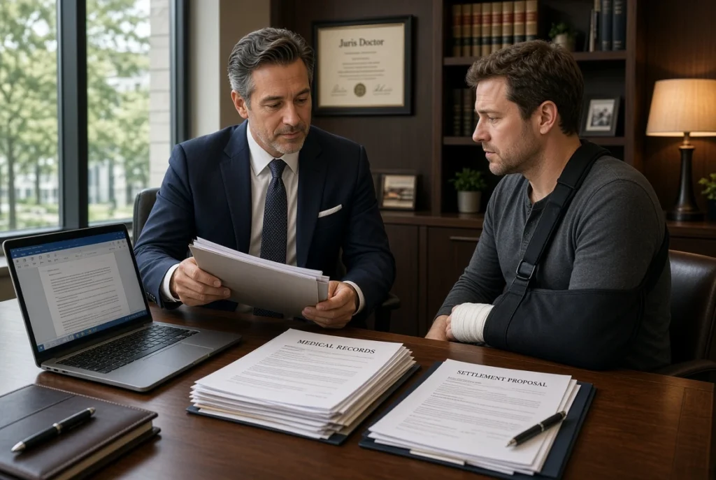 Pennsylvania workers’ compensation attorney reviewing medical records and settlement documents with an injured client in a law office.